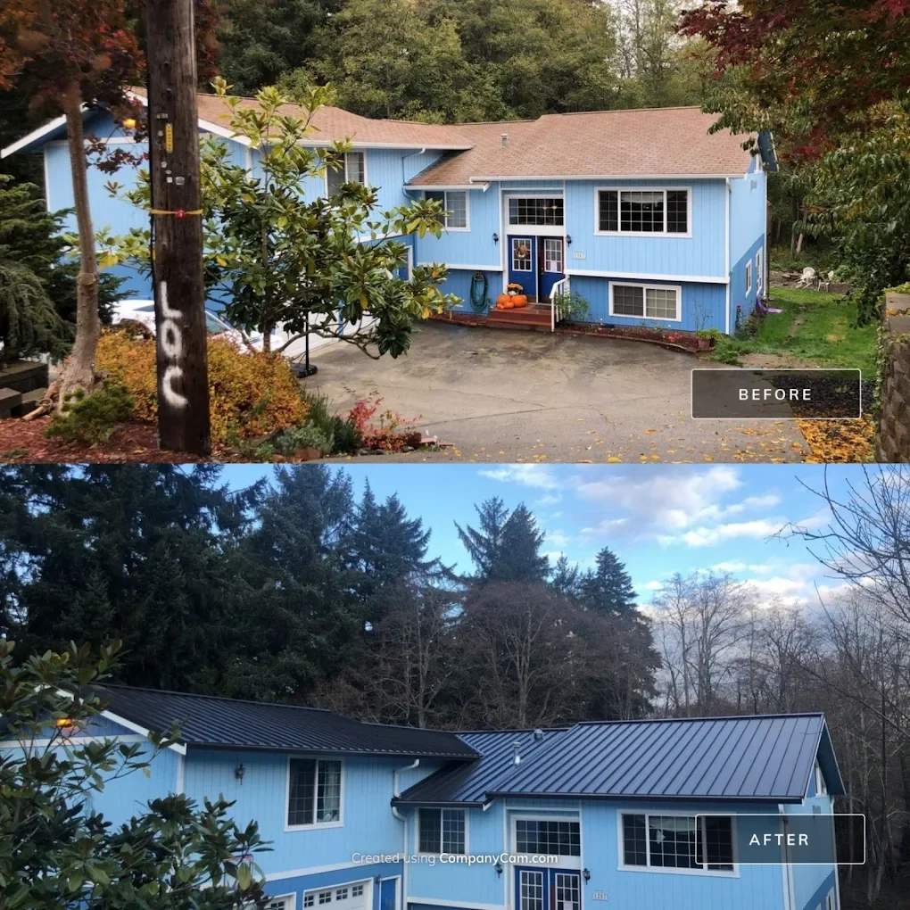 Before and after roof replacement in Tacoma, WA by DHT Construction & Roofing